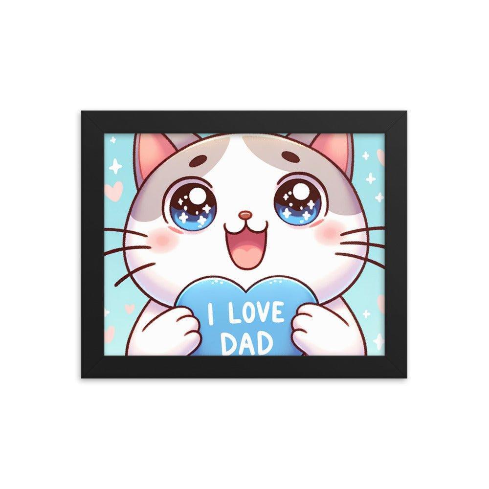 Adorable Kitten 'I Love Dad' Heart Cartoon Framed Poster - Oh Posters