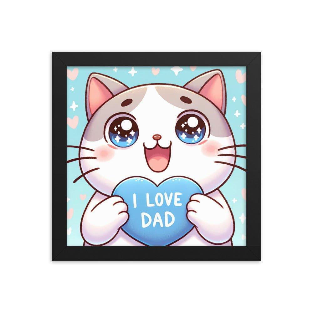 Adorable Kitten 'I Love Dad' Heart Cartoon Framed Poster - Oh Posters