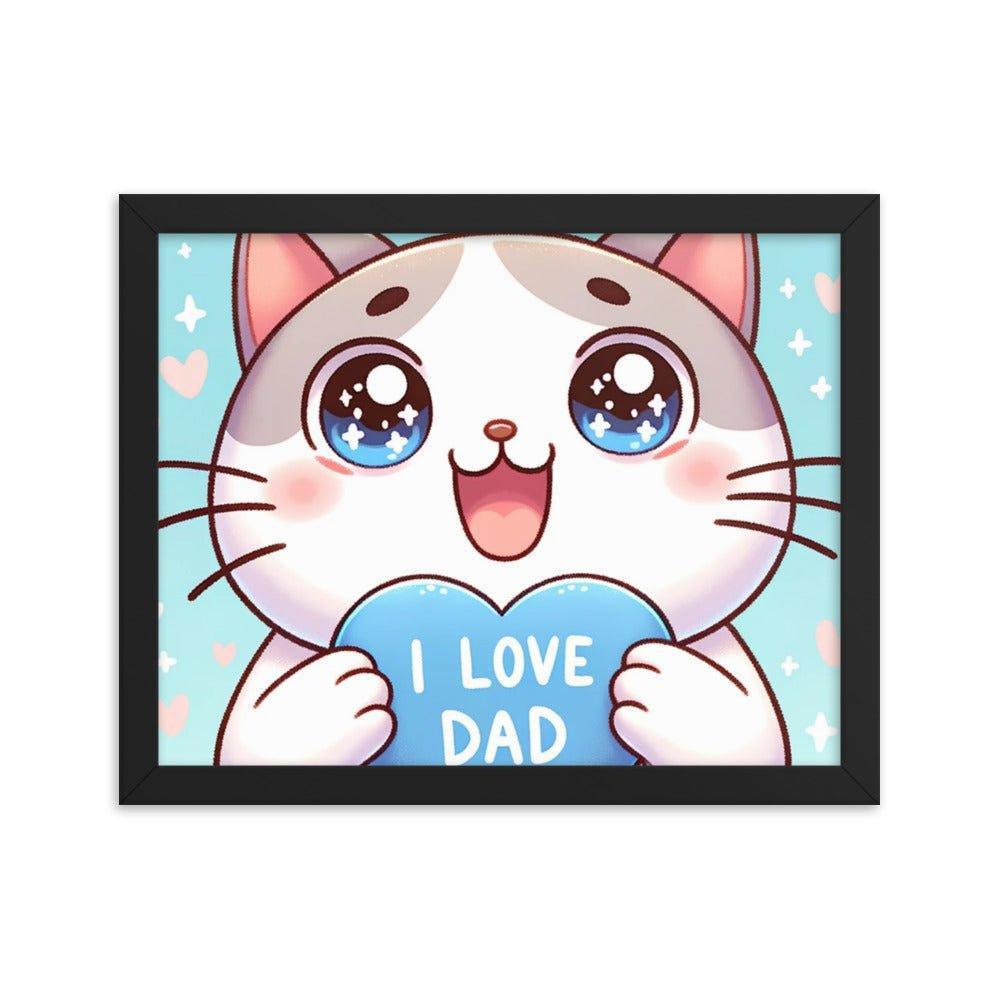 Adorable Kitten 'I Love Dad' Heart Cartoon Framed Poster - Oh Posters