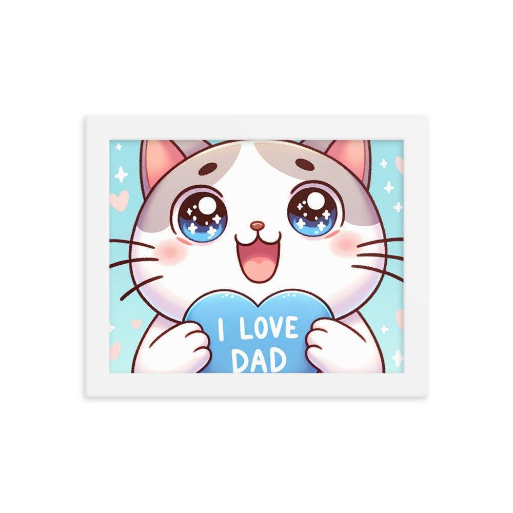 Adorable Kitten 'I Love Dad' Heart Cartoon Framed Poster - Oh Posters