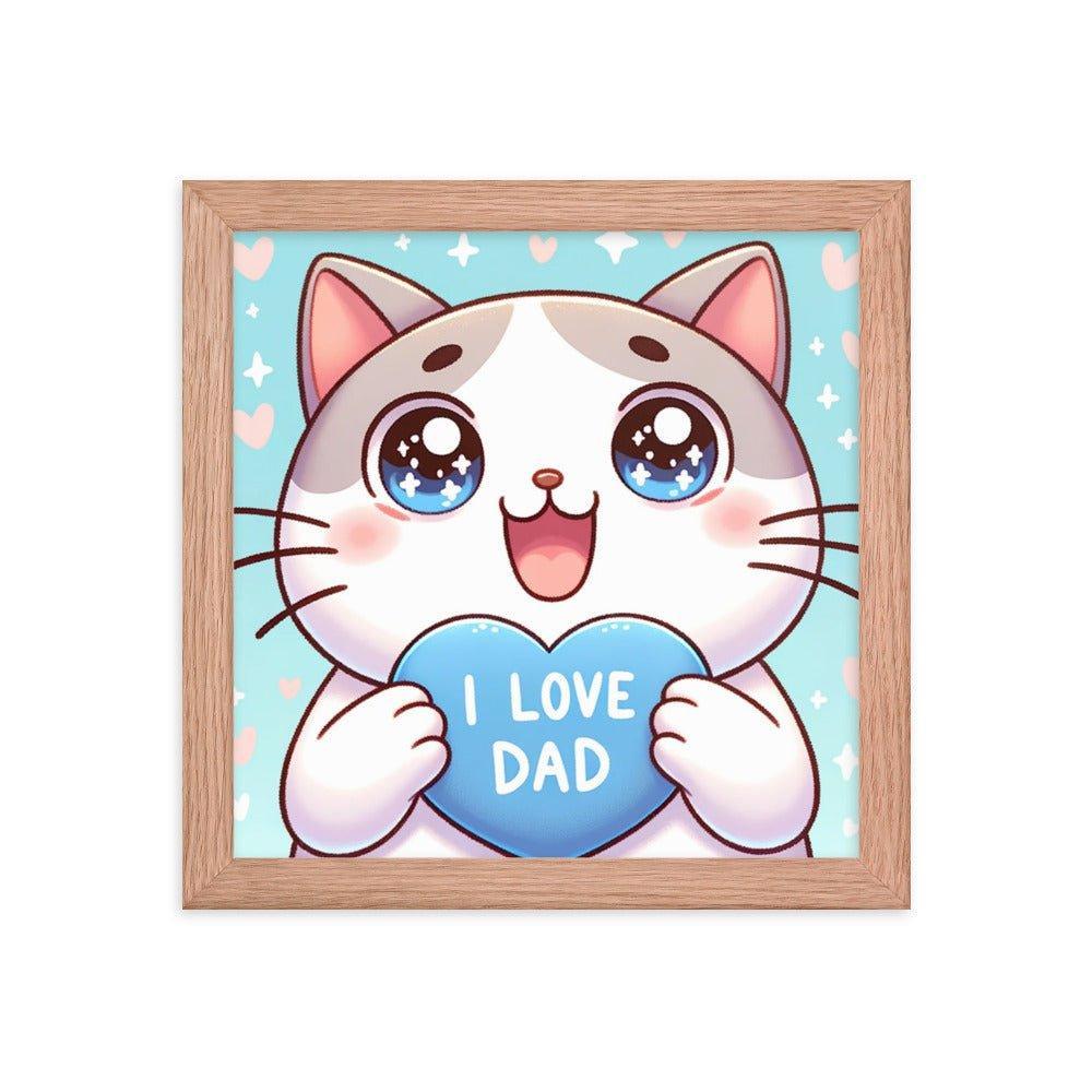 Adorable Kitten 'I Love Dad' Heart Cartoon Framed Poster - Oh Posters