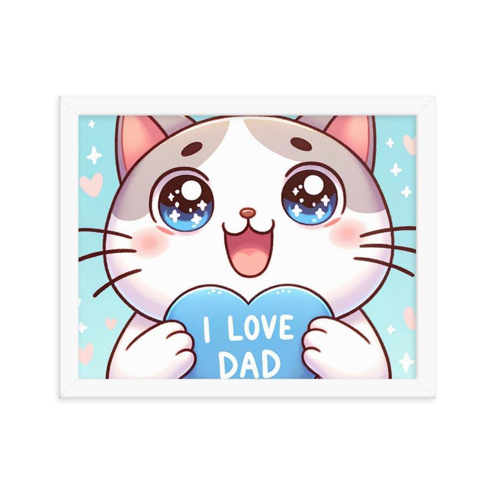 Adorable Kitten 'I Love Dad' Heart Cartoon Framed Poster - Oh Posters