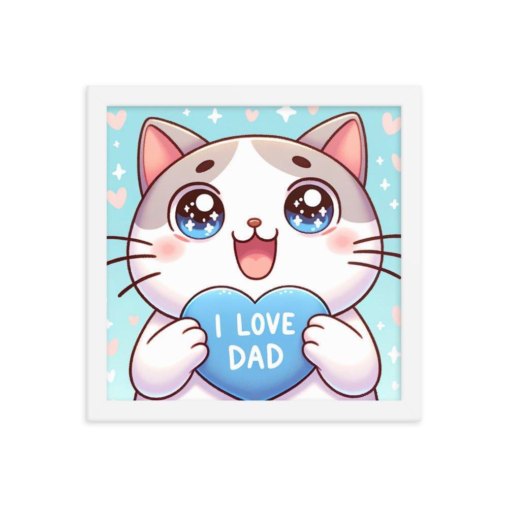 Adorable Kitten 'I Love Dad' Heart Cartoon Framed Poster - Oh Posters