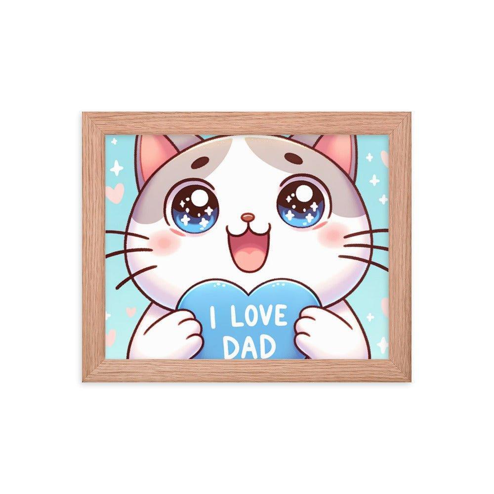 Adorable Kitten 'I Love Dad' Heart Cartoon Framed Poster - Oh Posters