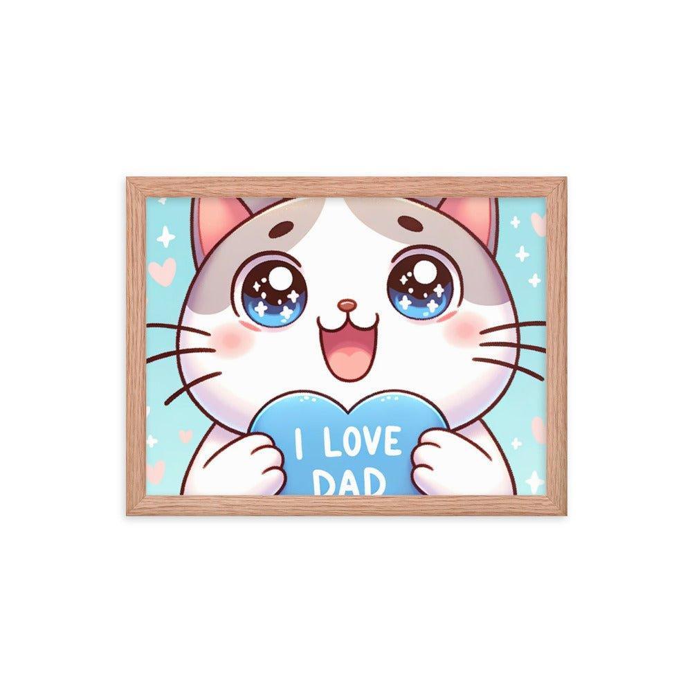 Adorable Kitten 'I Love Dad' Heart Cartoon Framed Poster - Oh Posters