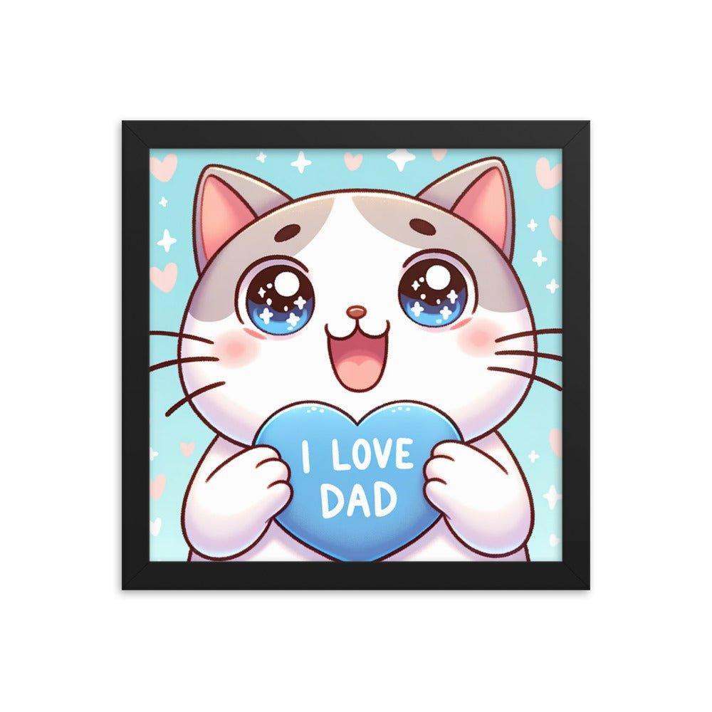 Adorable Kitten 'I Love Dad' Heart Cartoon Framed Poster - Oh Posters