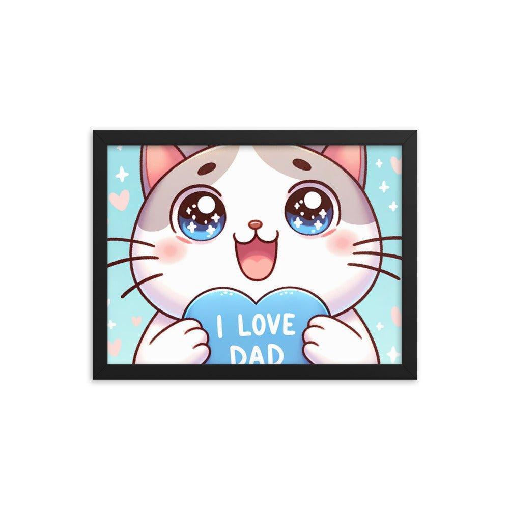 Adorable Kitten 'I Love Dad' Heart Cartoon Framed Poster - Oh Posters