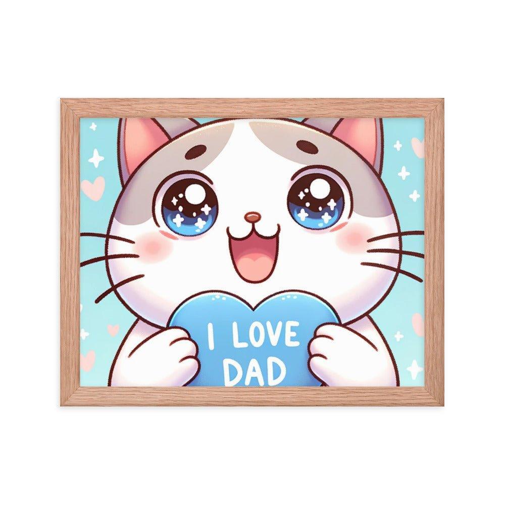 Adorable Kitten 'I Love Dad' Heart Cartoon Framed Poster - Oh Posters