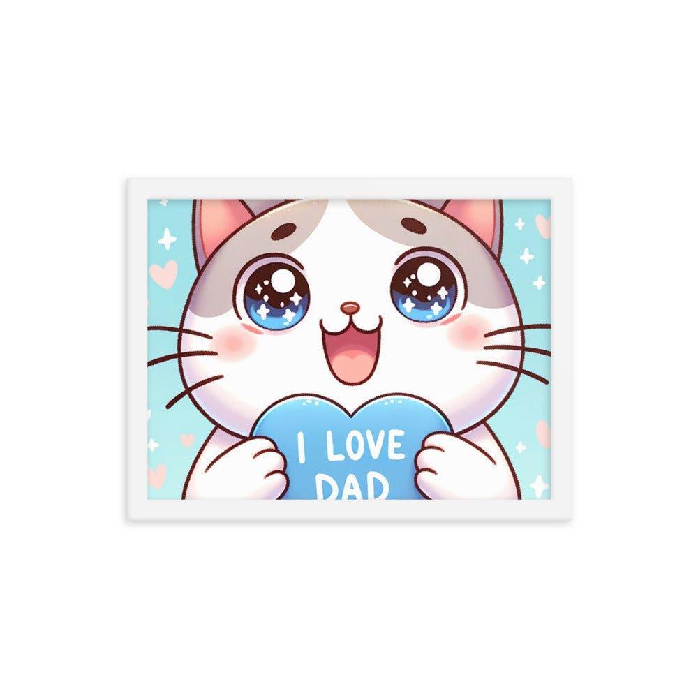 Adorable Kitten 'I Love Dad' Heart Cartoon Framed Poster - Oh Posters