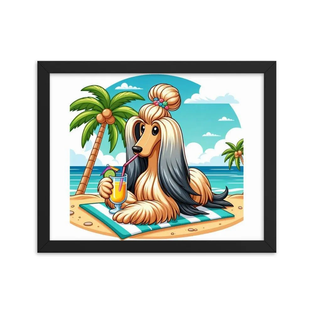 Afghan Hound Beach Vacation Cartoon Framed Poster - Oh Posters