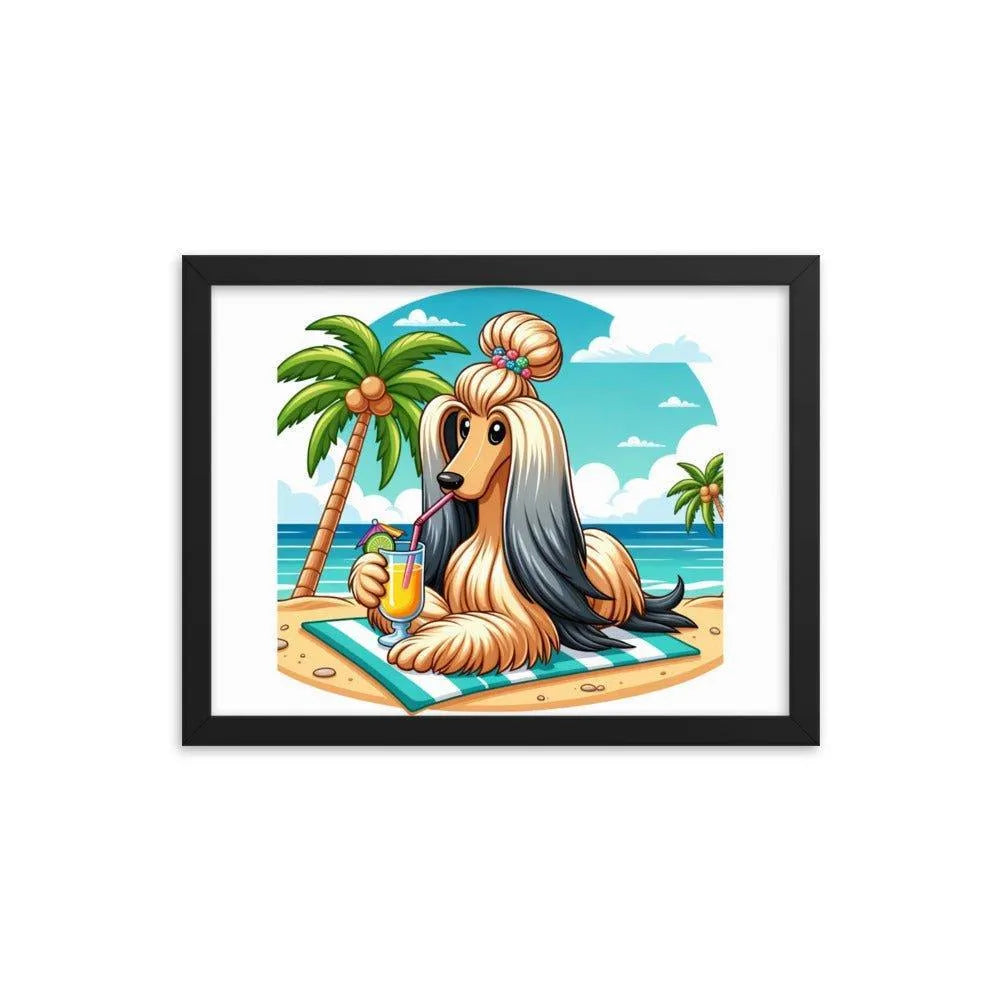 Afghan Hound Beach Vacation Cartoon Framed Poster - Oh Posters