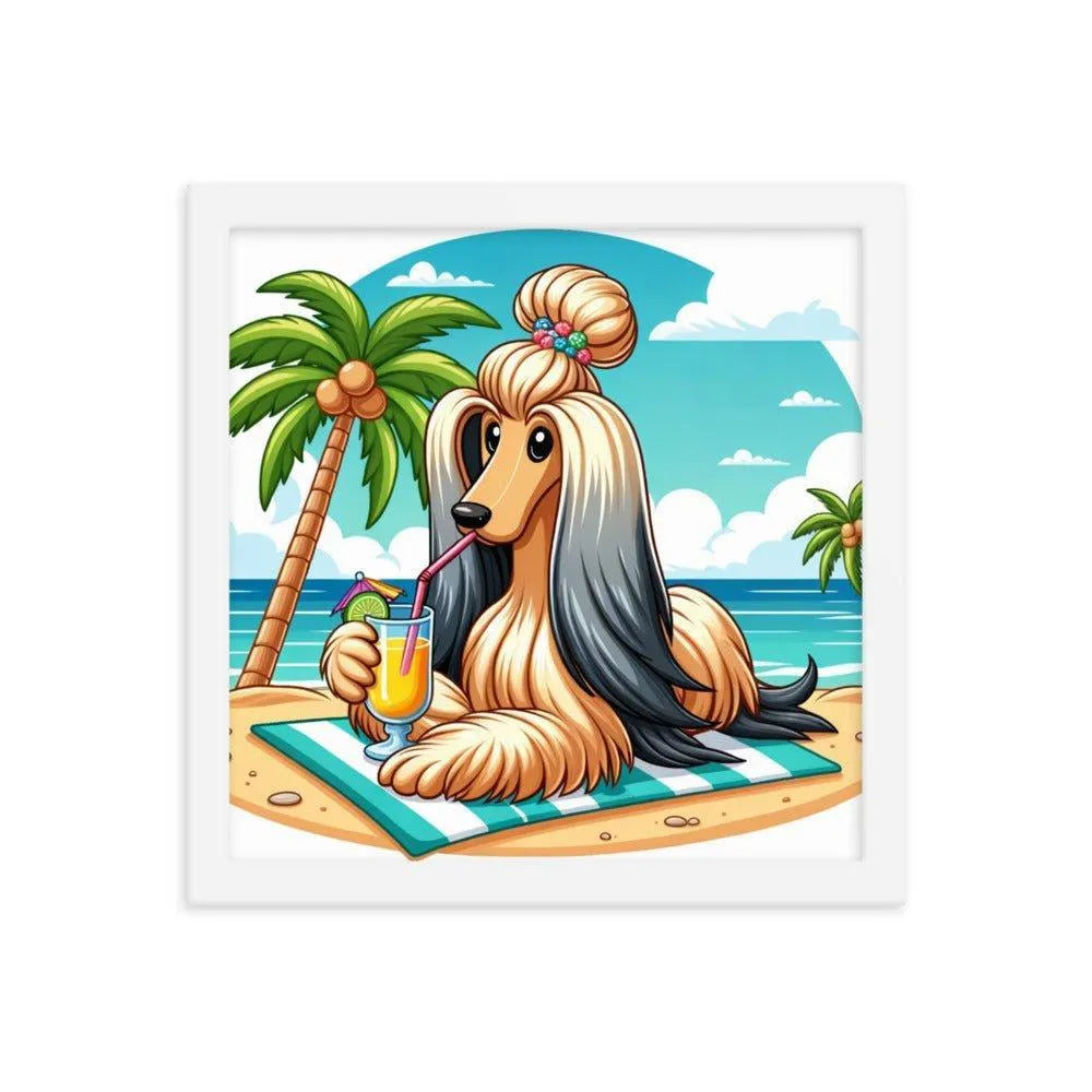 Afghan Hound Beach Vacation Cartoon Framed Poster - Oh Posters