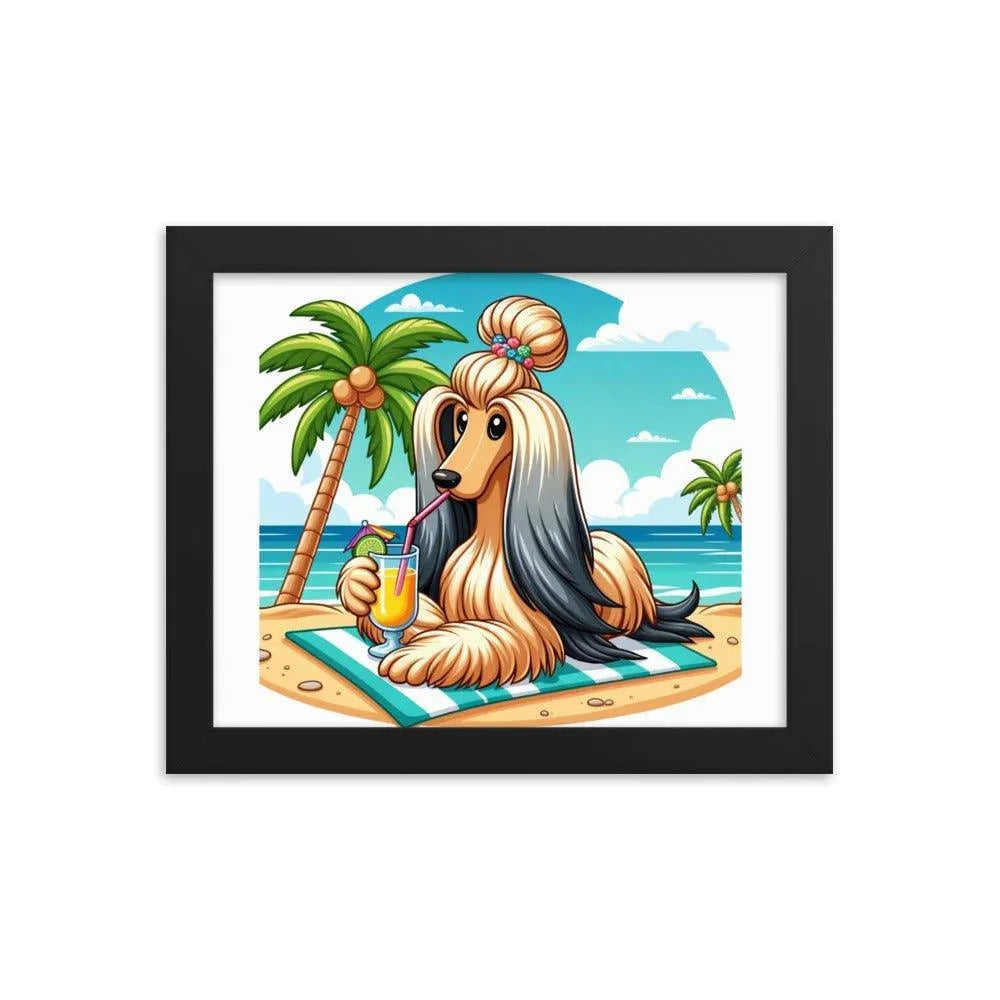 Afghan Hound Beach Vacation Cartoon Framed Poster - Oh Posters