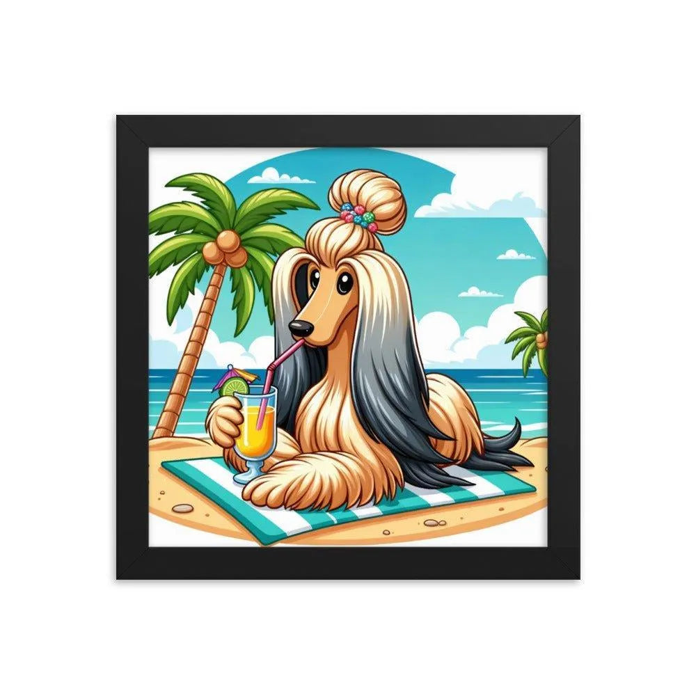 Afghan Hound Beach Vacation Cartoon Framed Poster - Oh Posters