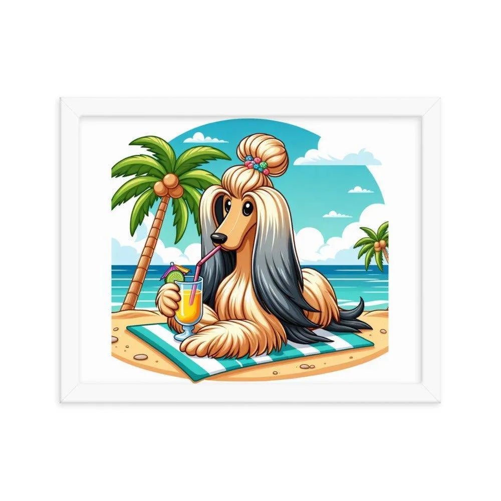 Afghan Hound Beach Vacation Cartoon Framed Poster - Oh Posters