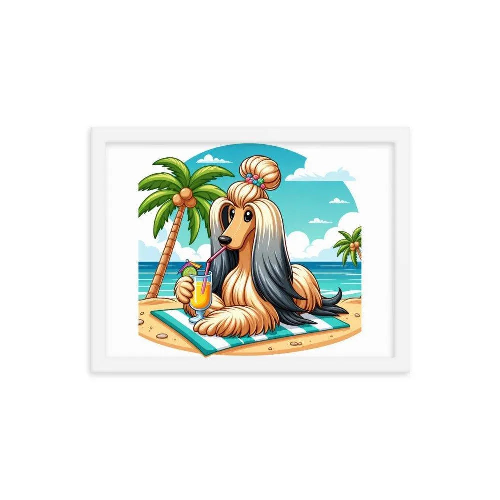 Afghan Hound Beach Vacation Cartoon Framed Poster - Oh Posters