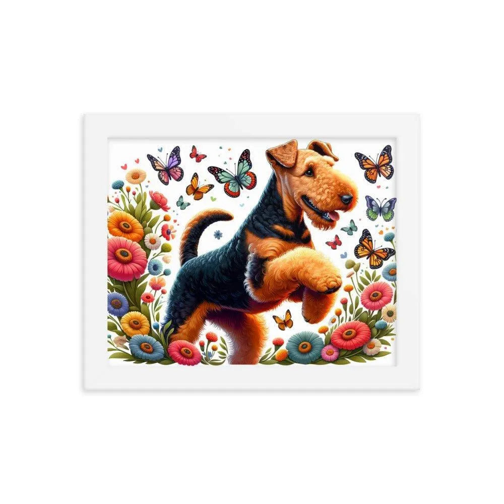 Airedale Terrier Playful Pose with Butterflies Illustration Framed Poster - Oh Posters