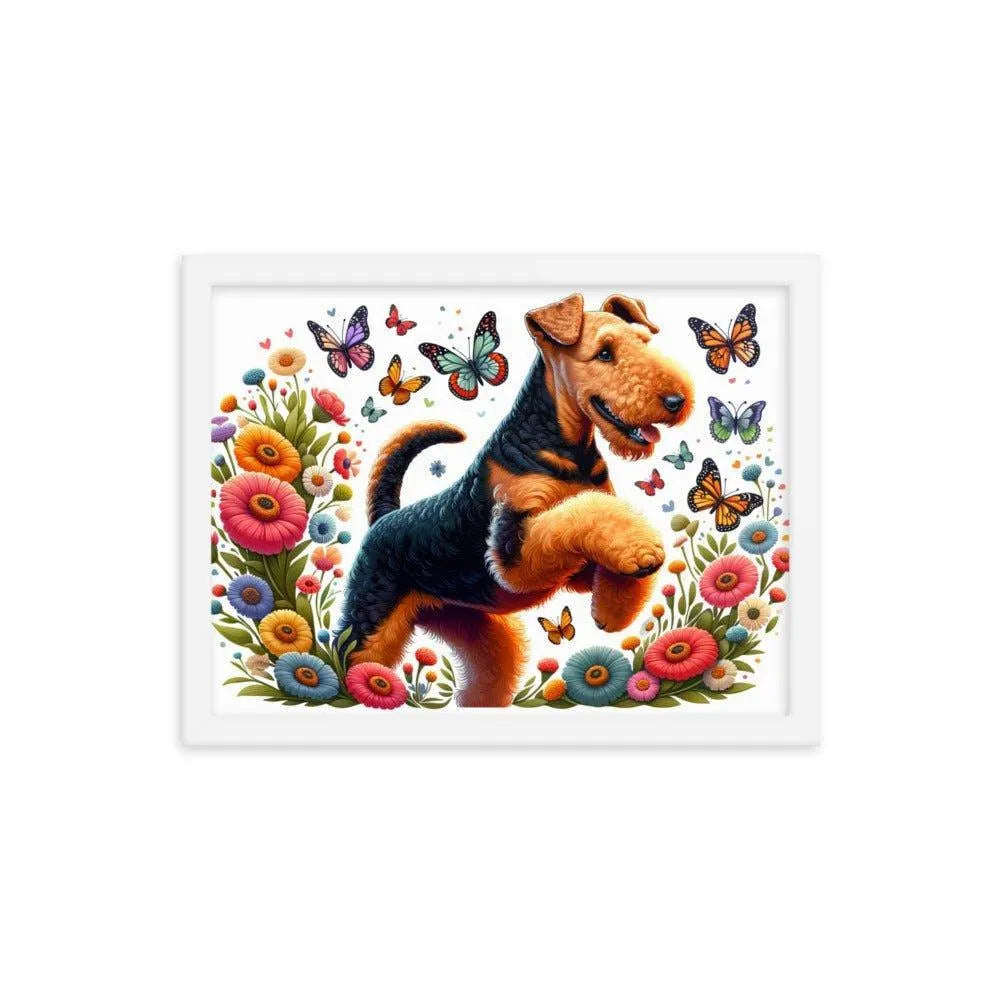 Airedale Terrier Playful Pose with Butterflies Illustration Framed Poster - Oh Posters