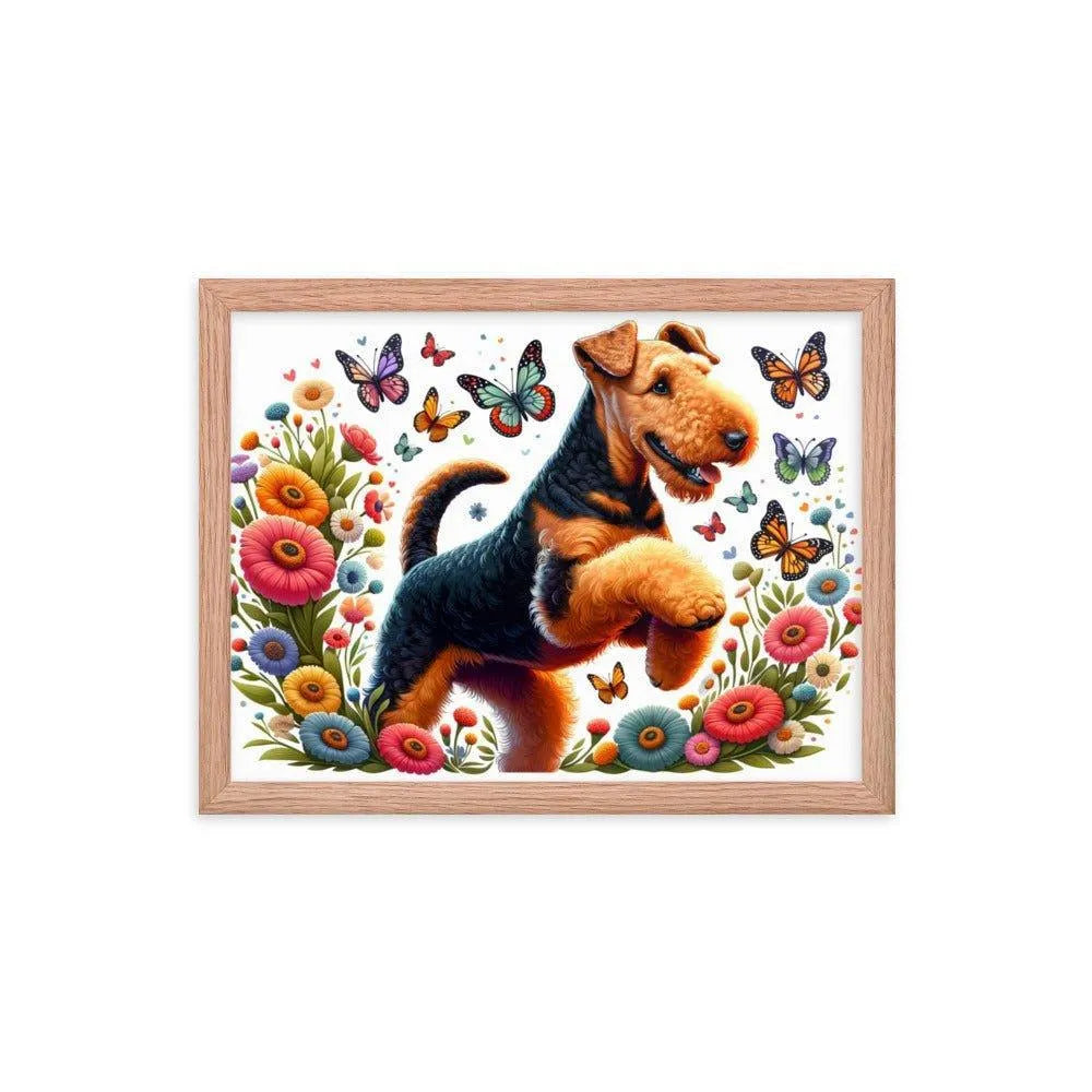 Airedale Terrier Playful Pose with Butterflies Illustration Framed Poster - Oh Posters