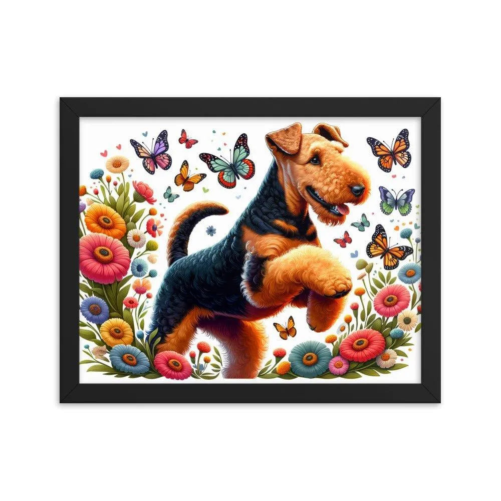 Airedale Terrier Playful Pose with Butterflies Illustration Framed Poster - Oh Posters