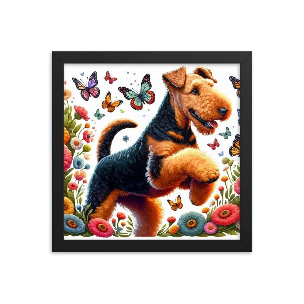 Airedale Terrier Playful Pose with Butterflies Illustration Framed Poster - Oh Posters