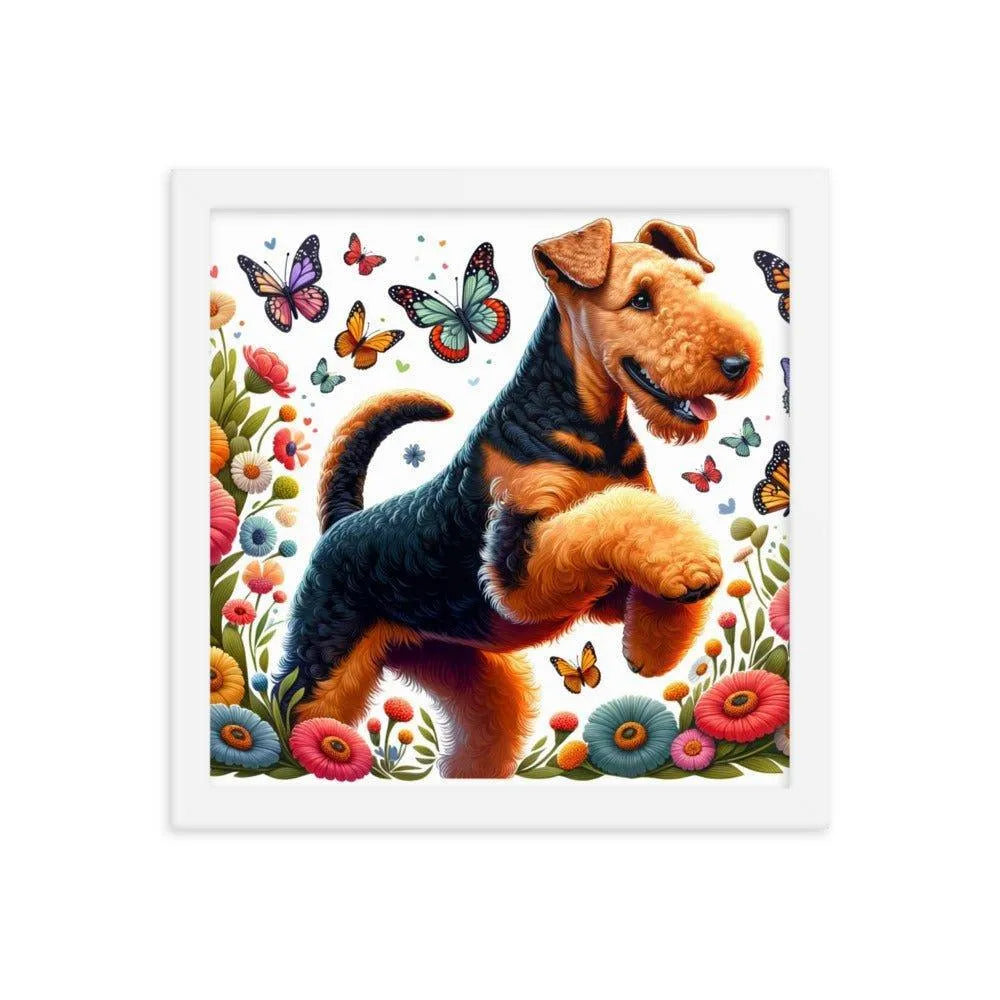 Airedale Terrier Playful Pose with Butterflies Illustration Framed Poster - Oh Posters