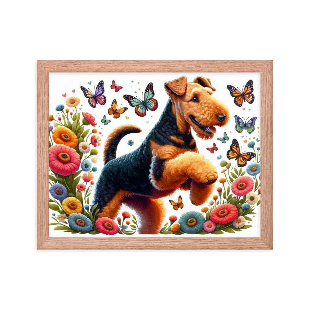 Airedale Terrier Playful Pose with Butterflies Illustration Framed Poster - Oh Posters