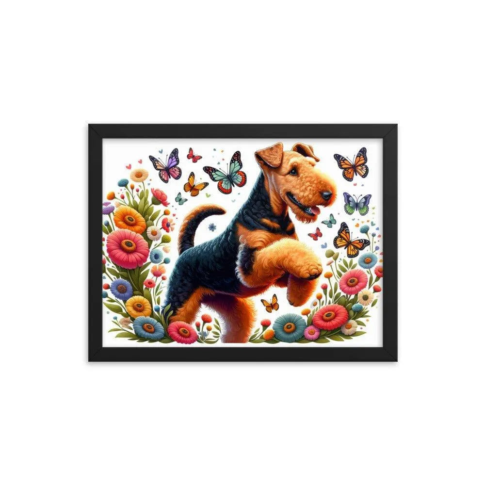 Airedale Terrier Playful Pose with Butterflies Illustration Framed Poster - Oh Posters