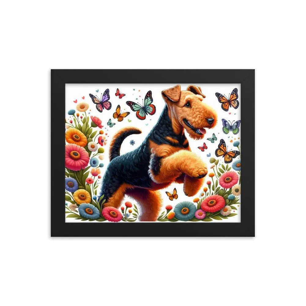 Airedale Terrier Playful Pose with Butterflies Illustration Framed Poster - Oh Posters