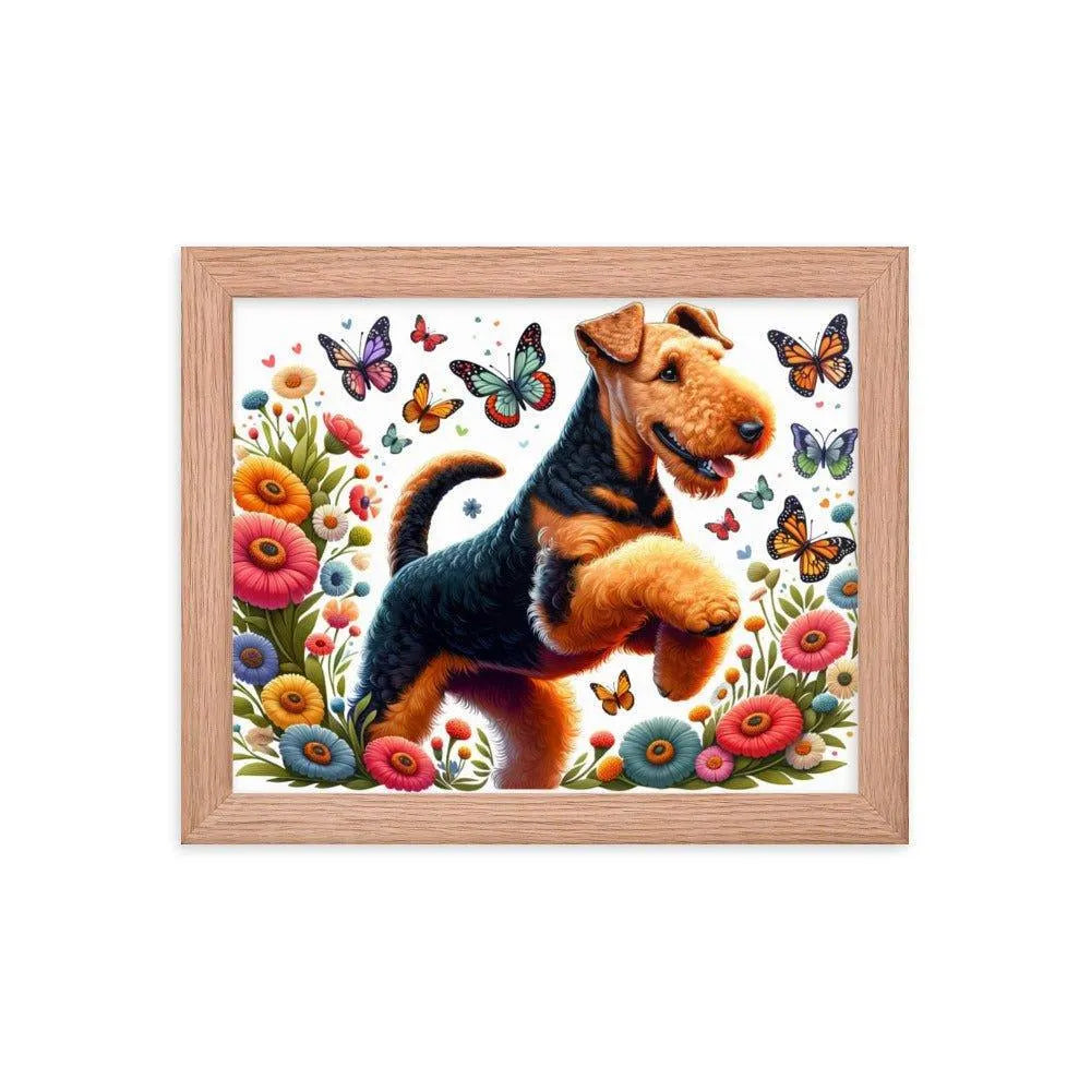 Airedale Terrier Playful Pose with Butterflies Illustration Framed Poster - Oh Posters