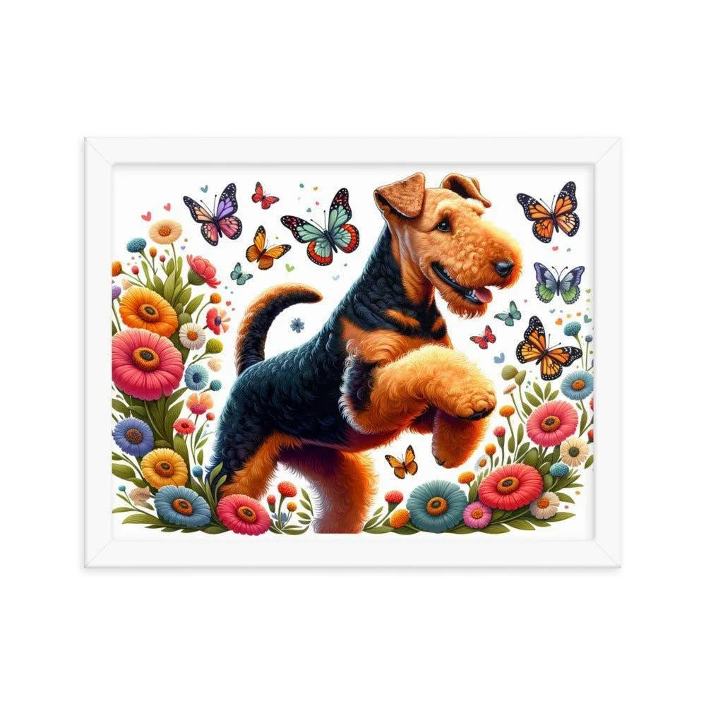 Airedale Terrier Playful Pose with Butterflies Illustration Framed Poster - Oh Posters