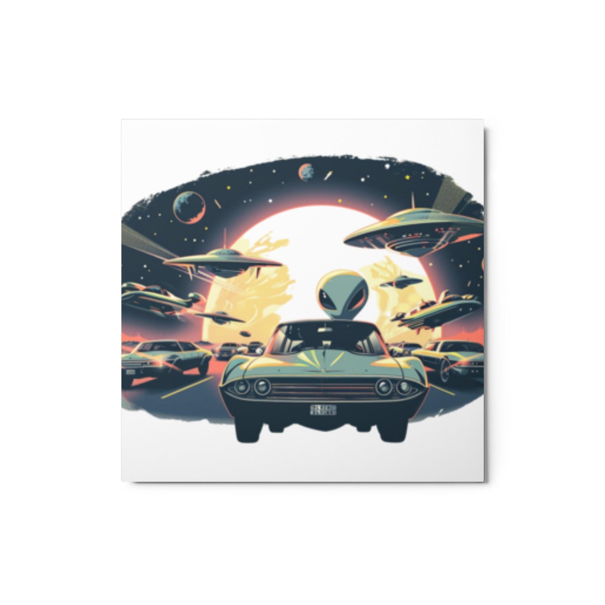 Alien Encounter Retro Futuristic Car Illustration Metal Poster - Oh Posters