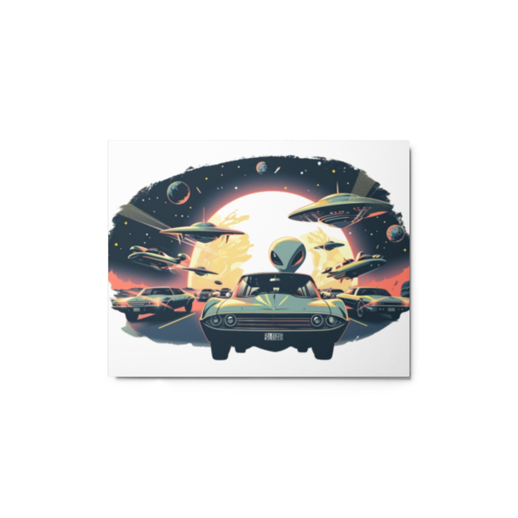 Alien Encounter Retro Futuristic Car Illustration Metal Poster - Oh Posters