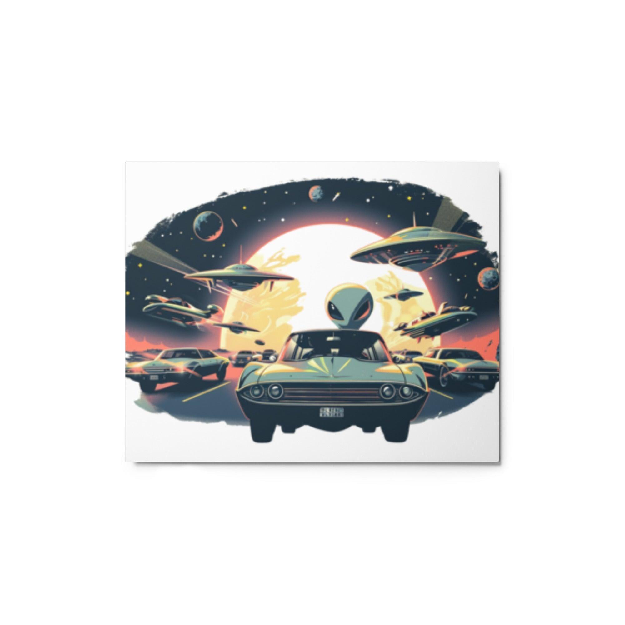 Alien Encounter Retro Futuristic Car Illustration Metal Poster - Oh Posters