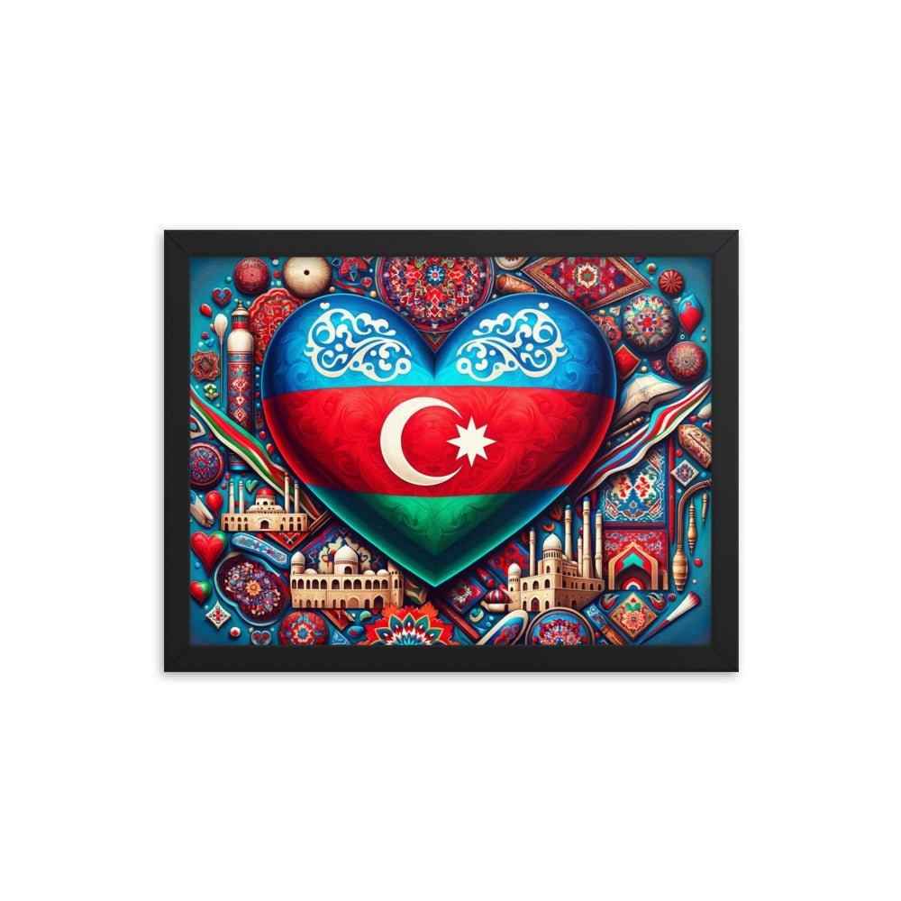 Azerbaijan Flag Heart & Cultural Art Blend Framed Poster - Oh Posters