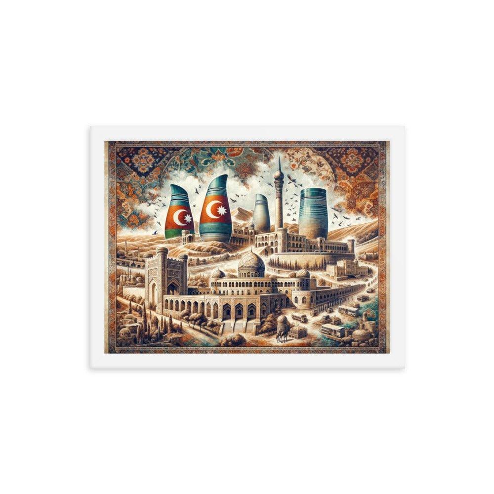 Azerbaijani Heritage Flame Towers and Old City Illustration Framed Poster - Oh Posters