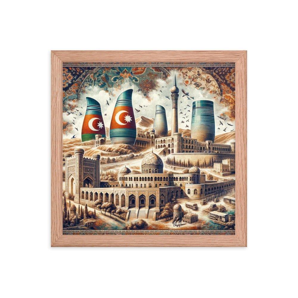 Azerbaijani Heritage Flame Towers and Old City Illustration Framed Poster - Oh Posters