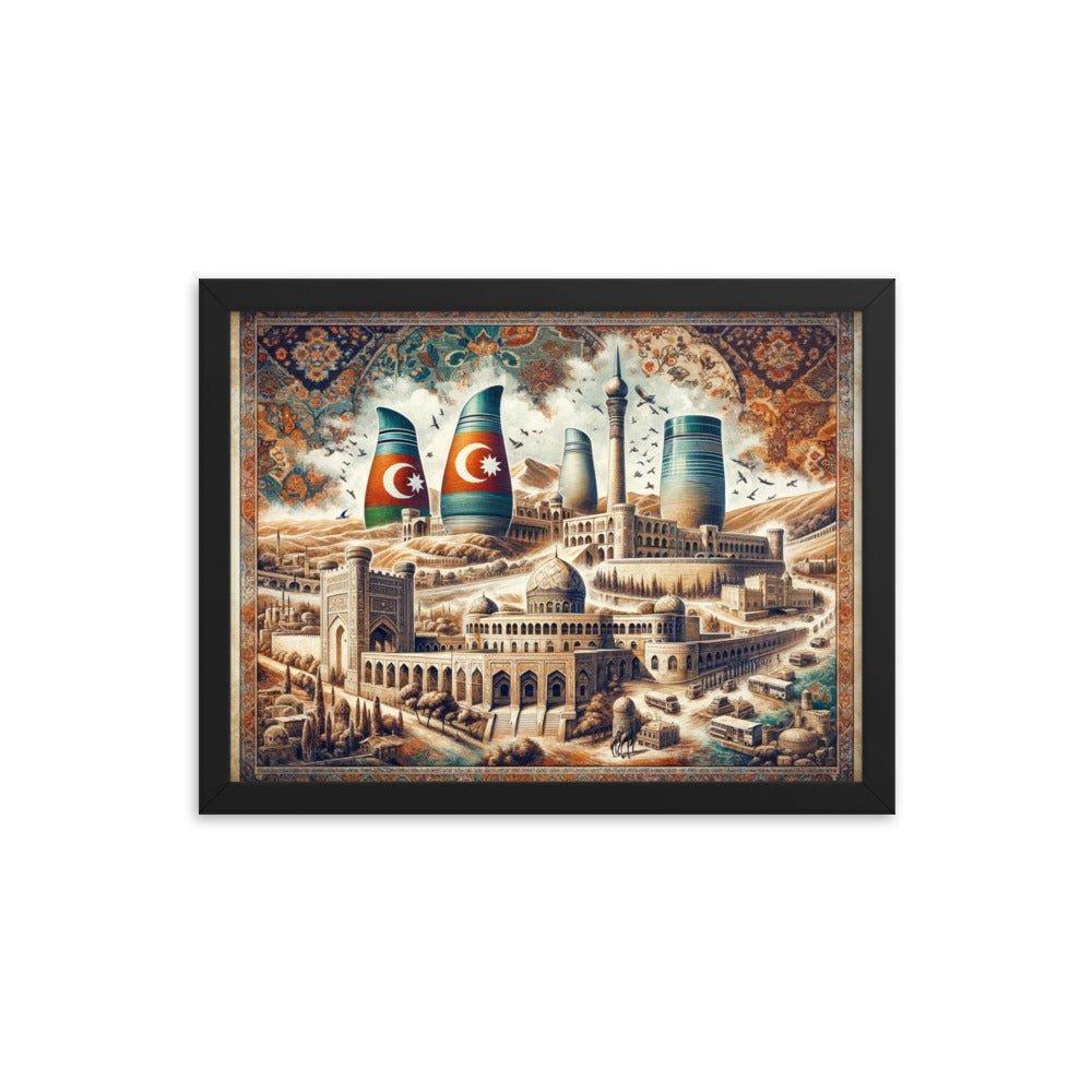 Azerbaijani Heritage Flame Towers and Old City Illustration Framed Poster - Oh Posters