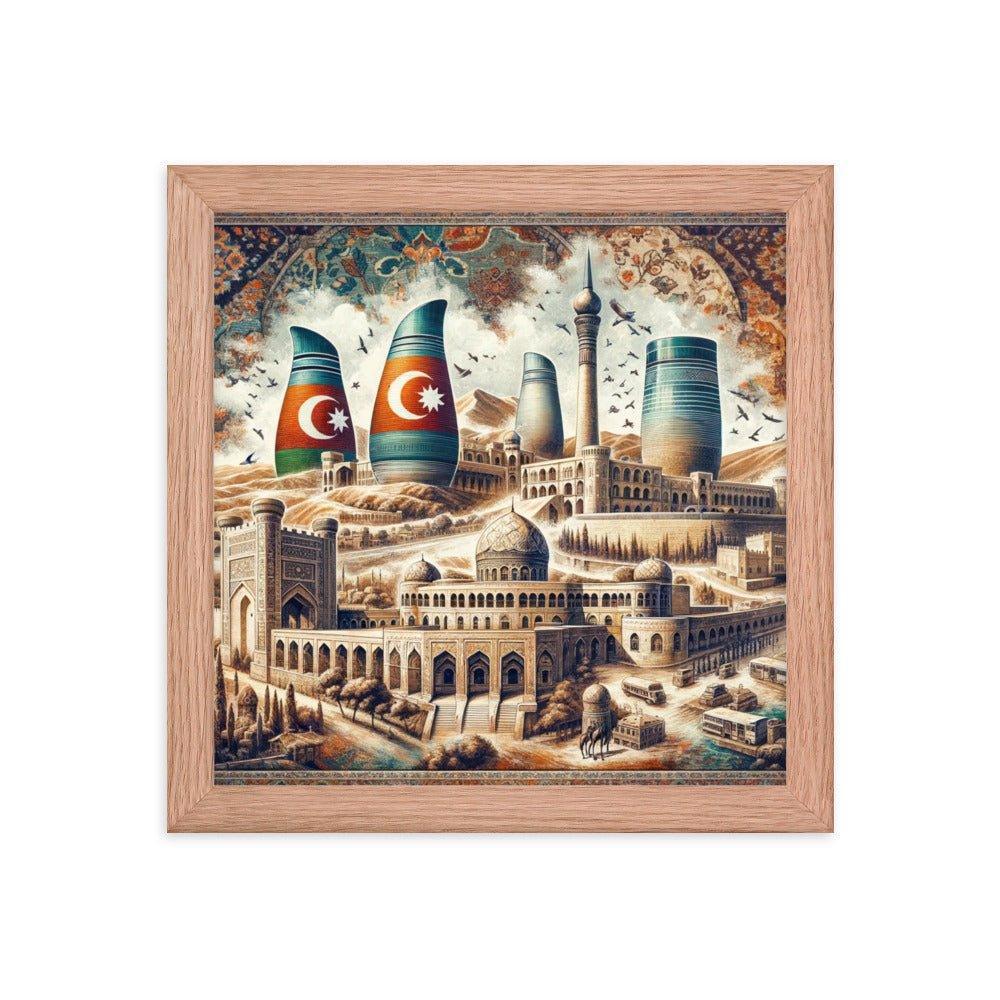 Azerbaijani Heritage Flame Towers and Old City Illustration Framed Poster - Oh Posters