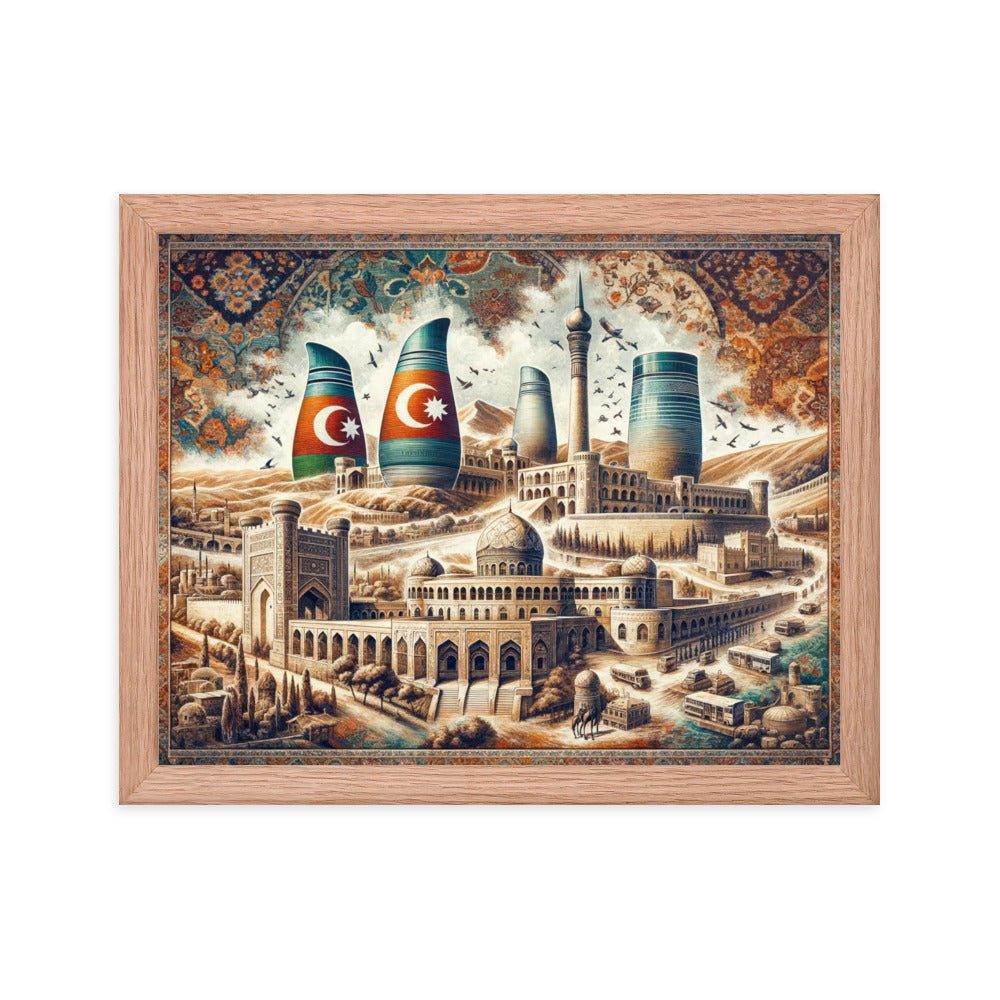 Azerbaijani Heritage Flame Towers and Old City Illustration Framed Poster - Oh Posters