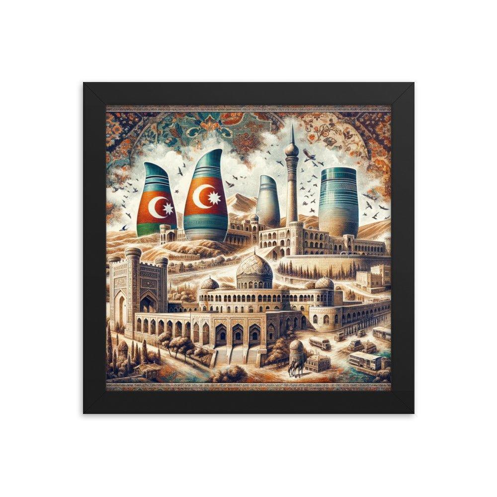 Azerbaijani Heritage Flame Towers and Old City Illustration Framed Poster - Oh Posters