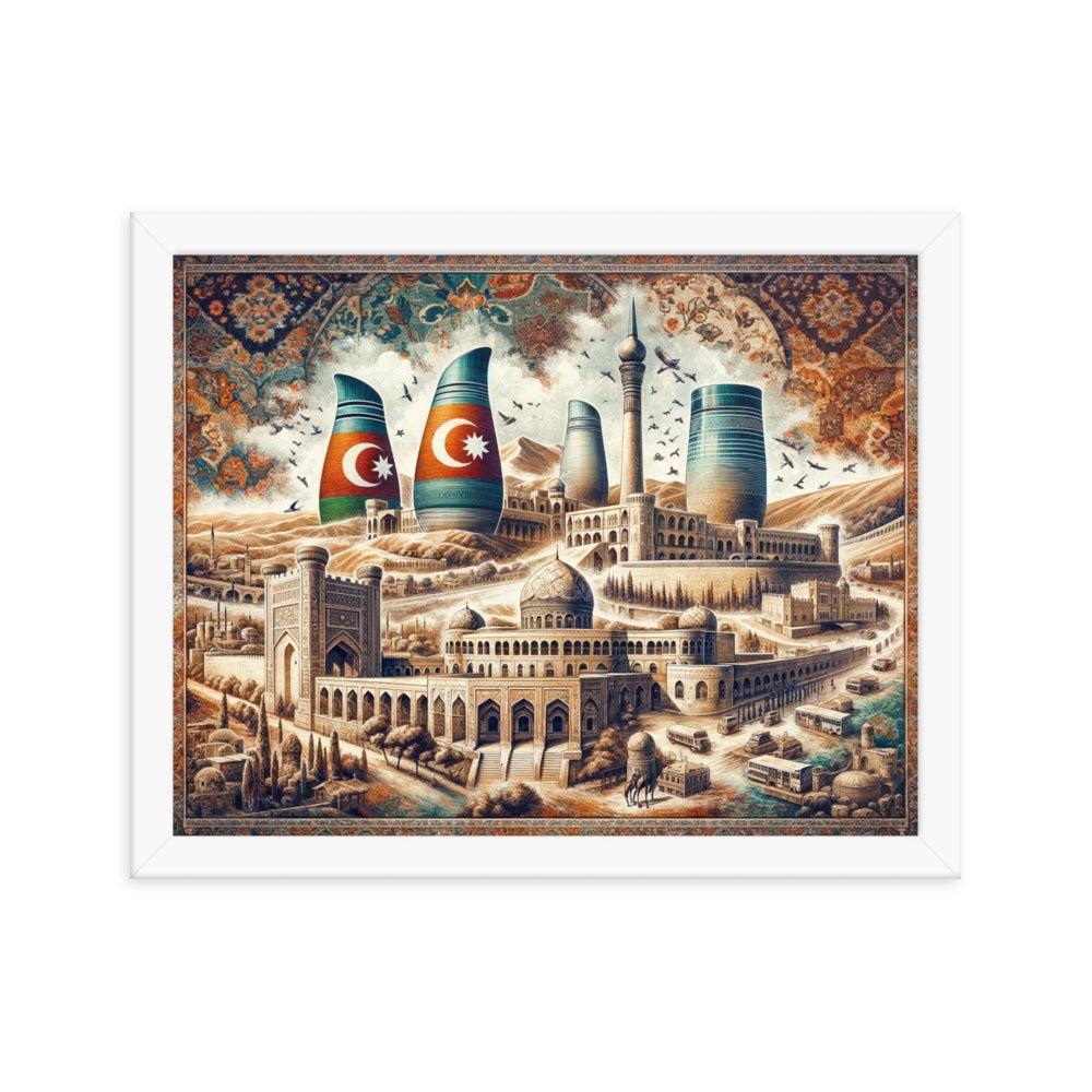 Azerbaijani Heritage Flame Towers and Old City Illustration Framed Poster - Oh Posters