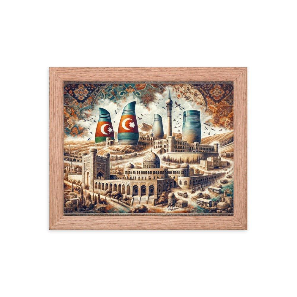 Azerbaijani Heritage Flame Towers and Old City Illustration Framed Poster - Oh Posters