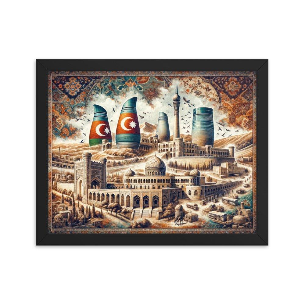 Azerbaijani Heritage Flame Towers and Old City Illustration Framed Poster - Oh Posters