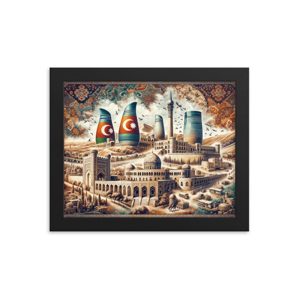 Azerbaijani Heritage Flame Towers and Old City Illustration Framed Poster - Oh Posters