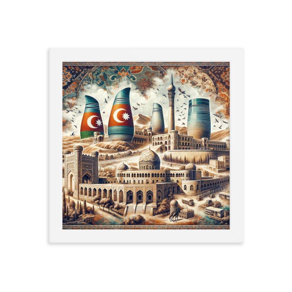 Azerbaijani Heritage Flame Towers and Old City Illustration Framed Poster - Oh Posters