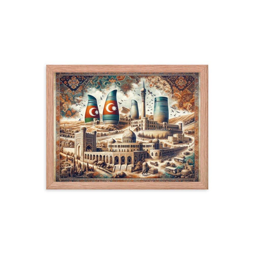 Azerbaijani Heritage Flame Towers and Old City Illustration Framed Poster - Oh Posters