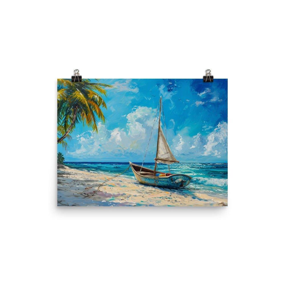 Barbados Beach Palm Trees and Sailboat Tropical Painting Poster - Oh Posters