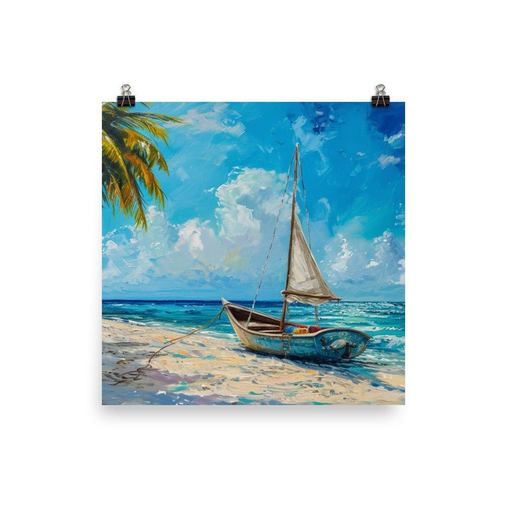 Barbados Beach Palm Trees and Sailboat Tropical Painting Poster - Oh Posters