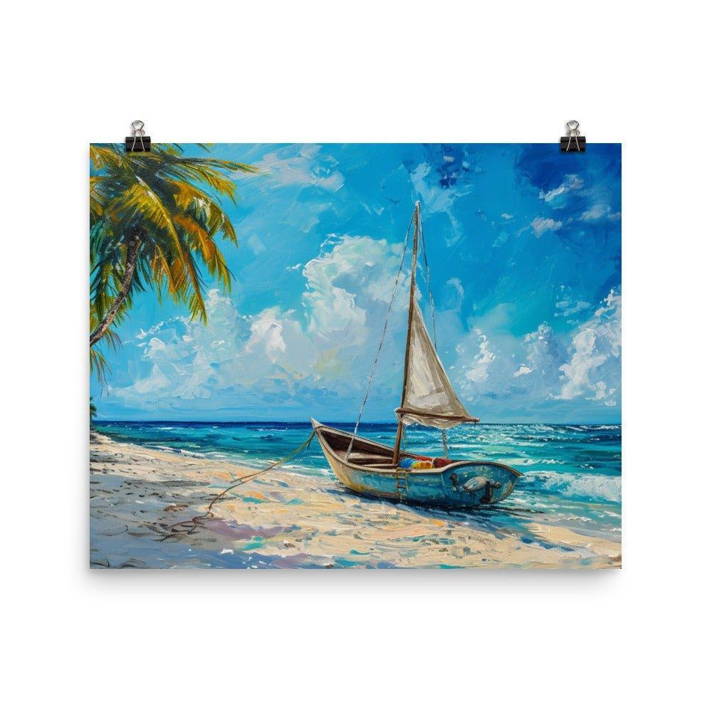 Barbados Beach Palm Trees and Sailboat Tropical Painting Poster - Oh Posters